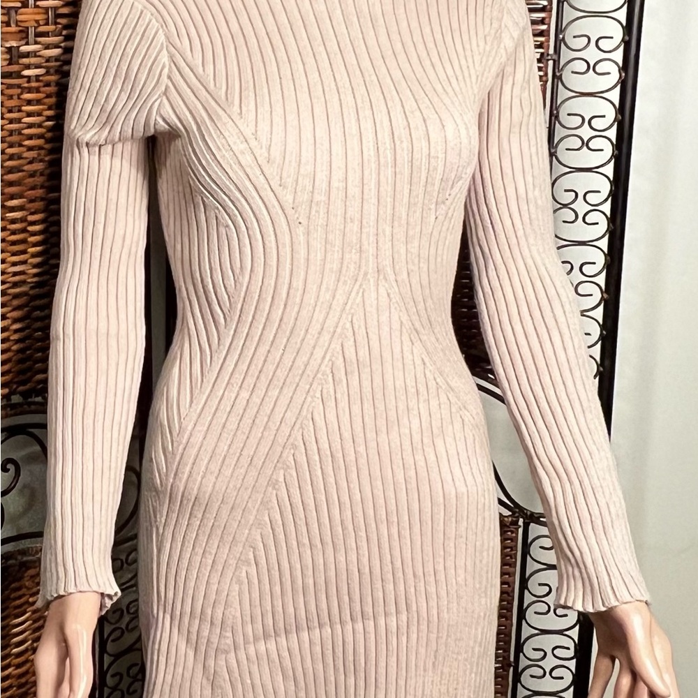Beige Ribbed Mock Neck Long Sleeve Mini Dress Size Small Form Fitting Curvy